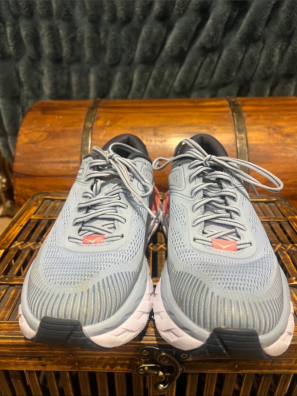 HOKA Bondi 8 Running Shoes – Light Gray/Coral – Excellent Pre-Owned Condition